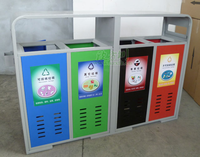 樂(lè )山萬(wàn)人小區戶(hù)外鋼制四分類(lèi)垃圾桶欣方圳工廠(chǎng)成品圖
